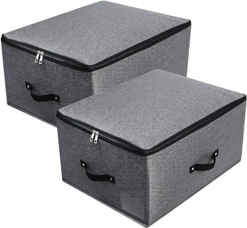 Foldable Lidded Storage Bin with Divider Board, 4 Handles, Zipper lid, Blankets Clothes Quilts Storage Box Organizer for Bedroom Closet Shelf, 52×40×26cm, Black Grey, 2PCS