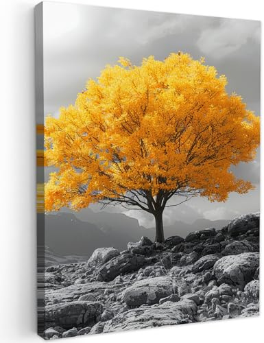 MuchoWow© Leinwandbild Dekoration Wohnzimmer Bilder Pictures Wall | 50x70 cm - Decoration Living Room Wohnungs Deko Moderne Bild Gelb - Baum - Natur - Schwarz und weiß