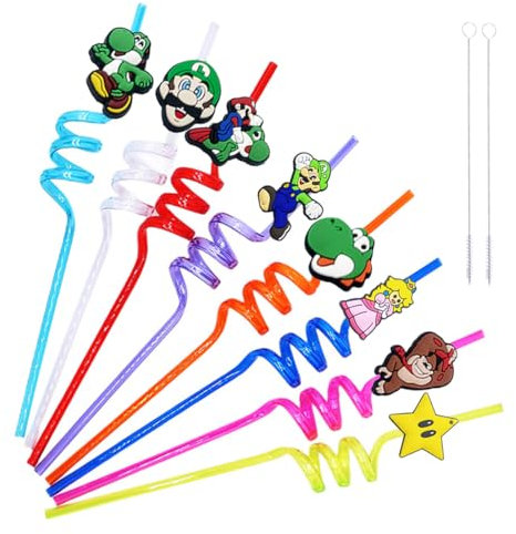 Strohhalm Kinder, 8 Stück Strohhalme Kindergeburtstag, Farbige Trinkhalme Plastik, Party Straws, Plastikstrohhalme mit Strohbürste als Partyzubehör für Geburtstag Kinder (Spiel-Themen)
