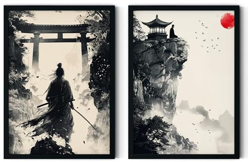 MJ-GRAPHICS® - Poster Set Japan Samurai Bushido Bilder für Jugendzimmer, Gamingzimmer, Meditation Zen - Japanische Krieger Porträt - 2xA2 Art Kunstdruck Ohne Rahmen
