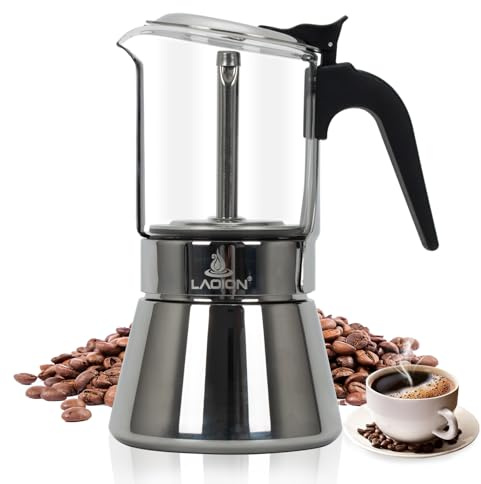 LAOION Stovetop Espresso Maker, 6Cup 240ml Moka Pot, Cuban Coffee Maker | Crystal Glass-top & Stainless Steel Coffee Maker Mocha Pot, Greca De Cafe, Cuban and Italian Coffee Maker for Cafetera Cubana