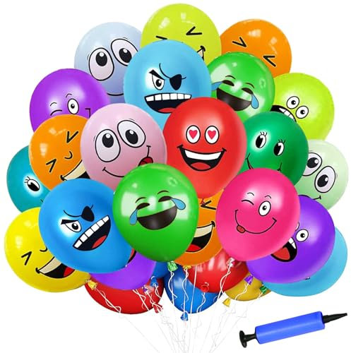 100 Stück Emotion Serie Latex Luftballons mit Luftpumpe,12 Zoll luftballons smiley, Niedlich Lustig Luftballons, Verschiedene emotion luftballon, für Kinder Geburtstag Deko Jungen Mädchen Baby Shower