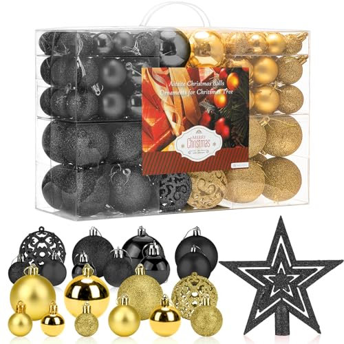 Aitsite 101PCS Palle di Natale 2CM/ 4CM/ 6CM Plastica Palle e Palline per L'Albero Impostare Ornamento Dell'Albero per la Decorazione dell'albero di Natale(Nero e oro)