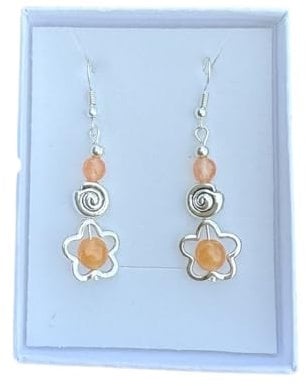 Anhur Pendientes Colgantes Flor Caracola Con Piedras Naturales Ágatas Colores Azul Cielo Verde Lila Morado Verde Naranja Rosa Azulón en Zamak Color Plata Pendientes Largos A Presión (Naranja)