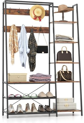 GIANTEX Porte-manteau avec Banc de Rangement, Porte-manteau Autoportant 5 en 1 avec 9 Crochets, 5 Étagères Latérales, 2 Étagères à Chaussures en Maille Métallique, pour l’Entrée, Salon, Chambre