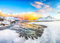 Acryl-Bild 40 x 30 cm: Unglaubliche Winterlandschaft am Strand von Skagsanden mit beleuchteten Wolken bei Sonnenaufgang. Beliebtes Touristenziel. (162605368)