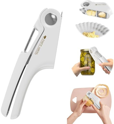 auvstar Presse Ail, Abs + Inox, Ecrase Ail, Pour PâTe D'ail, Flocons D'ail, avec éPlucheur de Légumes, Presse Ail Inox Professionnel, Facile à Nettoyer (Blanc)