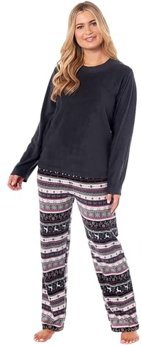 KATE MORGAN Womens Pyjamas Warm Fleece Pyjamas for Women Sets Pjs S-XL | Soft Twosie Pyjama Set for Ladies Gifts for Her Grey Fairisle S