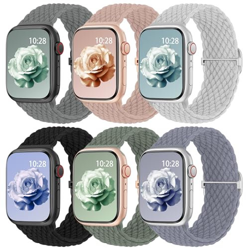 6 Stück Geflochtenes Armband Kompatibel mit Apple Watch Armband 40mm 41mm 42mm 38mm 46mm 45mm 44mm 49mm Damen Herren,Elastisch Nylon Stoff Loop Band für iWatch Ultra SE Series 10 9 8 7 6 5 4 3 2 1