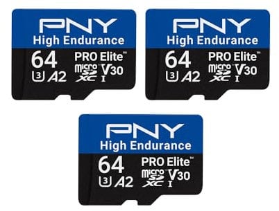 PNY 3x64GB PRO Elite™ High Endurance C10 U3 V30 A2 microSDXC-Flash-Speicherkarte – bis zu 100 MB/s Lesegeschwindigkeit, 4K UHD, Full HD, UHS-I, Überwachung, Heimsicherheit, Dashcam