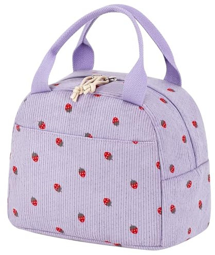 EDLMKM Insulated Lunch Bag for Women Girls Teens Adult, Cute Strawberry Purple Lunch Bag, Portable Handbag, Reusable Cooler Bags Foldable Leakproof Lunchbag for Work, School, Travel Picnic