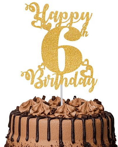 1Pc Happy 6th Birthday Cake Topper Glitter Cheers to 6 Years Cake Topper 6 Fabulous Cake Decoration for Happy 6th Birthday Party Cake Decorations Supplies Gold