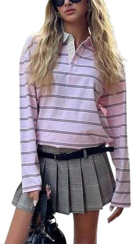 Edhomenn Sweat-shirt rayé à manches longues et col à revers pour femme - Chemisier décontracté patchcolor - Polo Y2k Preppy - Tenue d'automne, Rose (01), S