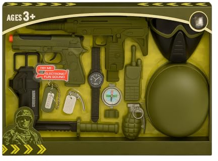 RANRHA 12-Piece Military Pretend Play Set for Kids – Army Role Play Toy Kit with Toy Guns, Helmet, Mask, Knife, Grenade, Walkie-Talkie, Dog Tags & Accessories – Safe Plastic, Perfect for Ages 3+