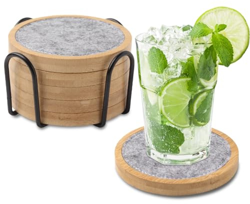 5 Pack Wood Coasters for Drinks with Felt Insert, Wooden Table Coasters with Holder for Coffee Table Decor, Absorbent for Kinds of Cups, 4.15 Inches（Bamboo）