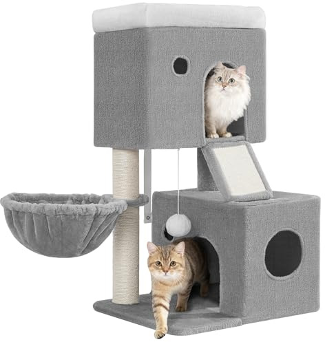 Fobyfurny Cat Tree, 82 cm Climbing Tower for Small Cats, Light Grey | 2 Comfy Condos, a Soft Platform, Basket, Scratching Post, Scratching Board, Pompoms, Play Tree for Indoor Use FPMS002FG1