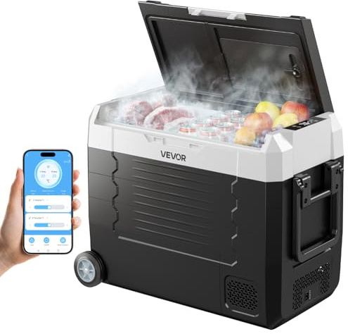 VEVOR Nevera Portátil para Coche 45 L, Refrigerador para Coche Temperatura Ajustable de -20 °C a 20 °C, con Control por Aplicación, Ruedas y Doble Zona, para Autocaravanas, Barcos, Camping, Pesca