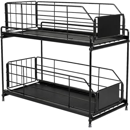 TOQUE Pull Out Spice Rack & Cupboard Organiser, 2-Tier Metal Slide Out Kitchen Cabinet Organiser, Storage Rack with Non-Slip Mat, Black – Fits Inside Cabinet, Easy Assembly