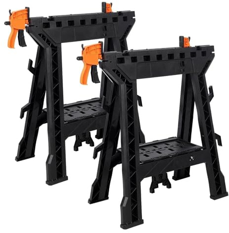 Folding Work Bench Saw Horse Twin Pack, 450kg Max. Capacity, with Tray for Tools and Small Parts, Portable for Workshop & DIY