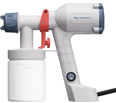 Tilswall Pistola de Pintura Electrica, Pulverizador de Pintura Ultraligera con Tanque Desmontable, 2 Boquillas & 3 Modos, Paredes, Techos, Muebles, Vallas, Jardín