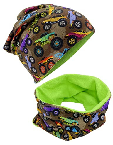 HECKBO Monster Truck Beanie & Schal Set - 2-6 Jahre - 95% Baumwolle - Stretch Material - Vlies - Winter Hat - Auto Autos - Handmade Mütze Kinder
