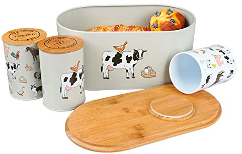 SiXsigma Sports 4pc Kitchen Storage Set Tea Coffee Sugar Canister Jar Tins Bread Bin Biscuit Airtight Bamboo Lids Novelty Christmas Birthday Anniversary New Kitchen Gift Animal Farm
