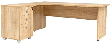 furni24 Schreibtisch Winkelschreibtisch, Eckschreibtisch, Moderner Bürotisch Computertisch mit großer Arbeitsfläche, Holzbeinen, Bürotisch, PC Tisch, Dona Eiche inkl.Beistellcontainer Links gewinkelt