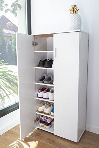 Mueble Zapatero Librería de Dos Puertas, Madera, Zapatero Puertas de Libro Mueble Auxiliar, Medidas: 60cms Ancho, 32.5cms Profundo, 124cms Alto (Blanco)