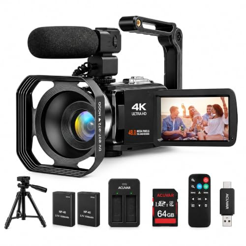Acuvar Videocamera 4K 48MP Auto Focus 60FPS WiFi Vlogging Camera per YouTube Zoom 18X Videocamera Digitale con Mic, Stabilizzatore, Treppiede Doppio Caricabatterie, Lettore di Schede 2X Batterie 2X