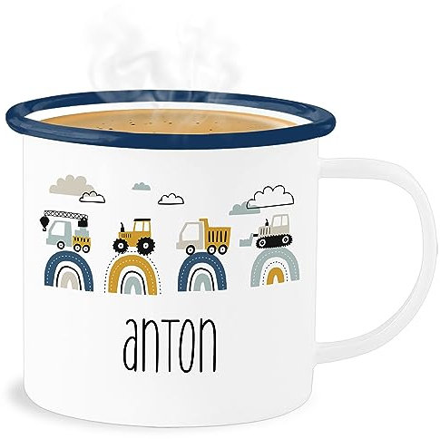 Emaille Becher Blechbecher - Baustelle I Traktor I Bagger I Kran I Kipper I LKW I Planierraupe - 300 ml - Weiß Blau - personalisierte tasse kita traktoren traktor, trinkbecher kindertasse junge