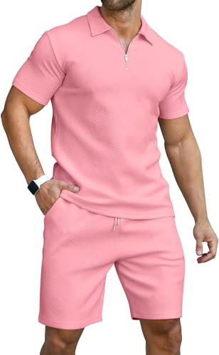 KUYIGO Ensemble polo et short d'été pour homme 2 pièces vêtements mode décontracté survêtement M-3XL, rose, M