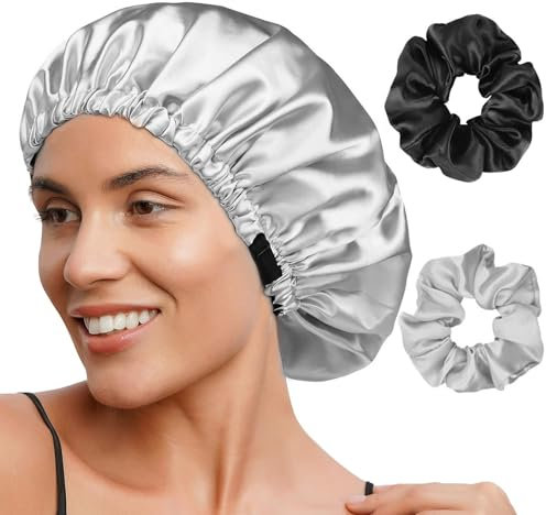 FOLAI 1 Stück Satin Hair Cap for Women - Double Sided Satin Silk Cap for Sleeping Sleep Cap Hair Protect Hair Cap for Night Satin Bonnet(Silber)…