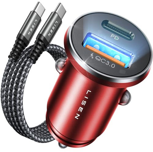 LISEN 54W Red Car Phone Charger Adapter with 60W USB C Cable