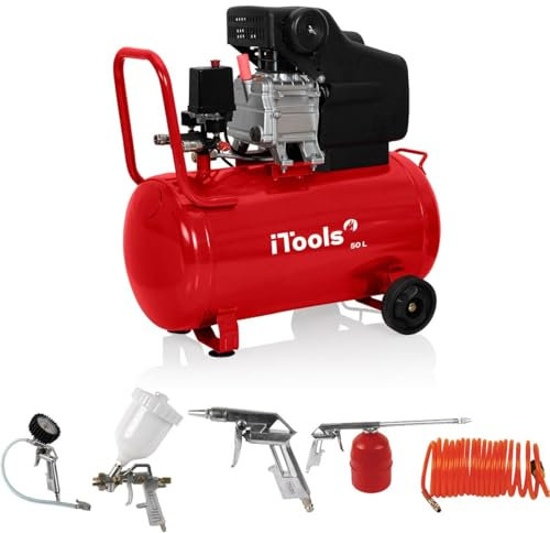 ITOOLS - Compressore d'aria olio 50L 8 bar 115 PSI Silenziatore 2CV 1.5KW + Kit 5 accessori pneumatici