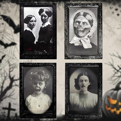 UieaMsio Halloween Deko Horror Bilderrahmen, 4 Stück Halloween Horror Portrait Deko, 3D Horror Gesicht ändernder Fotorahmen, Lentikularer Magischer Hologramm Rahmen