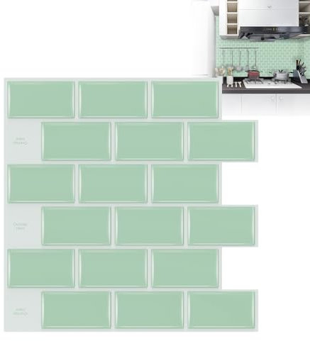 XMTECH 10 Stück 3D Fliesenaufkleber 30 * 30 cm,Badezimmer Fliesenfolie Grün-Ziegel Fliesensticker für Bad Küche, Selbstklebend Wandfliesen Dekor, PVC Metro Fliesen Selbstklebend Fliesendekor