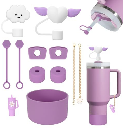 11 Piezas de Accesorios Stanley Cup, incluidos 6 Protectores Antiderrame Stanley Cup, 2 Tapones para Pajitas, 2 Accesorios Colgantes, 1 Funda de Silicona para Accesorios Stanley Cup (Plumm)