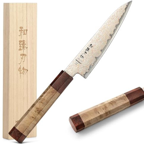 HEZHEN Kupfer Damaststahl Universal Messer,Damaskus Schälmesser Multifunktionales Obstmesser, Achteckiger Griff aus Figaro Bergahorn Holz+ Padauk-Maserholz
