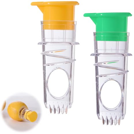 Presse Citron Manuel Portable, Lot de 2 Presse Agrumes Manuel avec Bouchon à Vis et Filtre, Compact Presse Fruit Manuel pour Cuisine, Camping et Extérieur (Jaune et Vert)