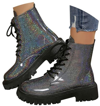 UK 6 Ankle Boots for Women Patent Leather Platform Lug Sole Combat Booties Lace up Low Block Chunky Heel Side Zipper Fall Winter Black Military Boot Shoes Stylish Footwear Gift C1_Glitter Black