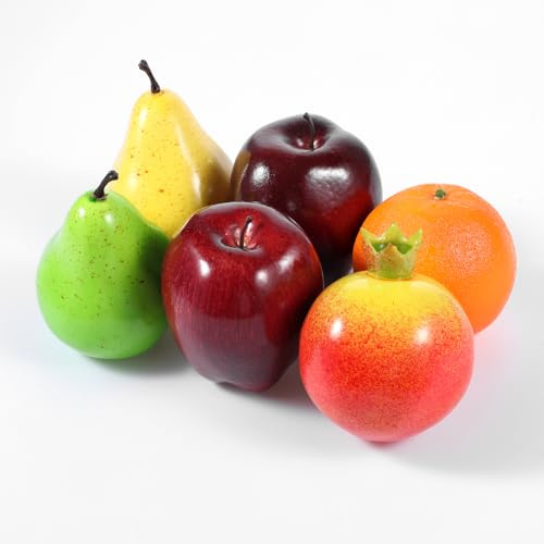 6 Pieces Artificial Fake Fruits Set, Lifelike Faux Fruit for Home Decor, Simulation Fruit Pack for Christmas Decoration, Party, Photography Props Kitchen Bowl Decor Fake Apples Pear Orange Pomegranat