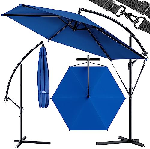 Kingsleeve® Sombrilla de Jardín Parasol Azul Ø 330cm Inclinable Aluminio Inox Incl. Manivela Protección Antiviento