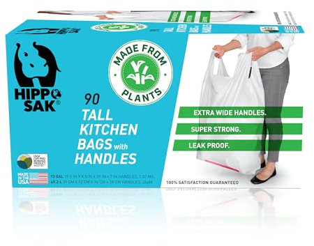 Hippo Sak – Lot de 90 sacs poubelles hauts avec poignées à base végétale, 50 litres