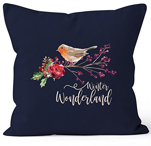 Autiga Kissenbezug Weihnachten Winterwonderland Vogel Rotkehlchen Blumen Misteln Christmas Bird Navy 40cm x 40cm