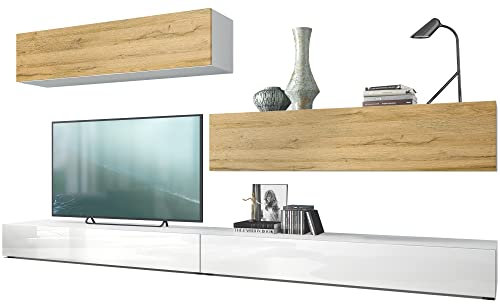 Vladon Wohnwand Nublo, Made in Germany, Anbauwand mit Rückwand mit 2 Klappen und 2 Sockelelementen, Korpus Weiß matt, Fronten Weiß Hochglanz und Eiche Natur (280 x 147 x 39 cm)