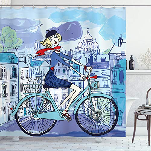 ABAKUHAUS Paris Duschvorhang, Frau auf dem Fahrrad mit Katze, Stoffliches Gewebe Badezimmerdekorationsset mit Haken, 175 x 180 cm, Violett und Blau