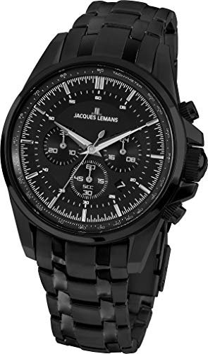 JACQUES LEMANS Herrenuhr Liverpool Metallband massiv Edelstahl ip-Black Chronograph 1-1799ZD
