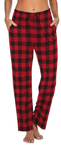Ekouaer Pyjamahose Damen Lang Baumwolle Schlafanzughose Freizeithose mit Taschen und Kordelzug Rot XL