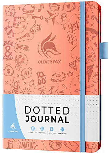 Clever Fox Dotted Journal 2.0 – Kompaktes Planungs- und Skizziernotizbuch mit Punktraster 120 g/m² dickes, nicht ausgelaufenes Papier – Planer mit Stiftschlaufe, Tasche, Bändern, Aufklebern – A5 –