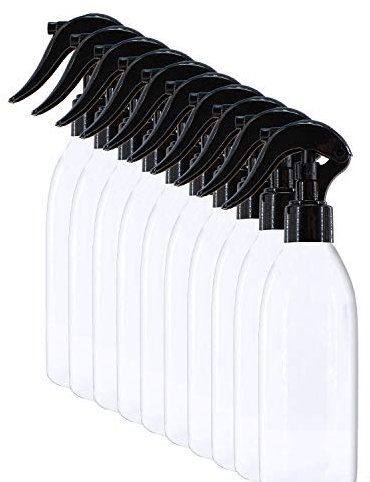 Pack de 10 botellas vacías PET de 250 ml, color blanco con cabezal pulverizador negro, botella pulverizadora
